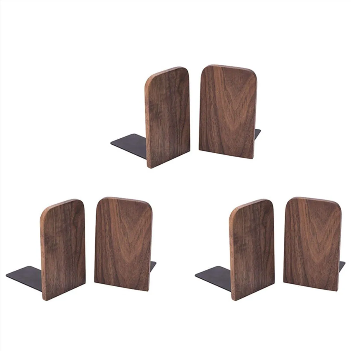 Wooden Bookends with Metal Base Heavy Duty Black Walnut Book Stand