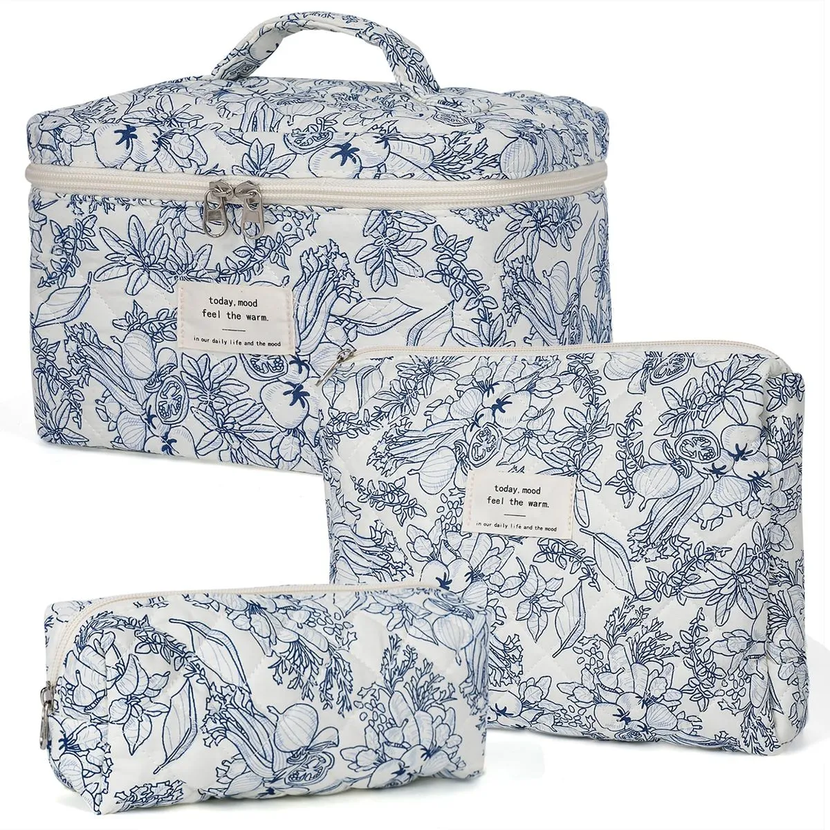 Quilted Cotton Makeup Bag - Large Floral, Travel Toiletry Bag For Women - Blue