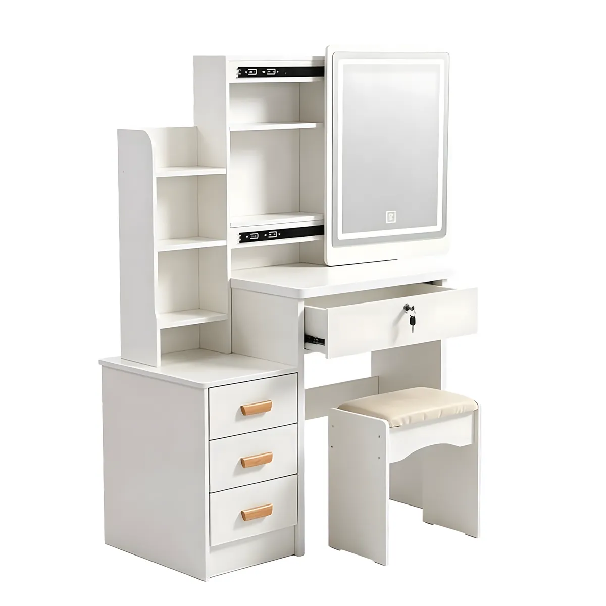Modern Vanity Desk with Left Cabinet Storage Drawer and Mirror for Bedroom