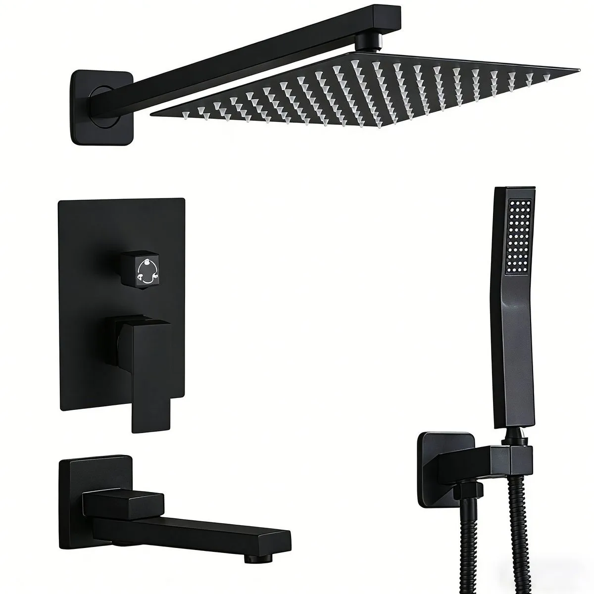 25cm Square Brass Shower Heads Handheld Shower Head Fixtures, Mixer Valve - Black