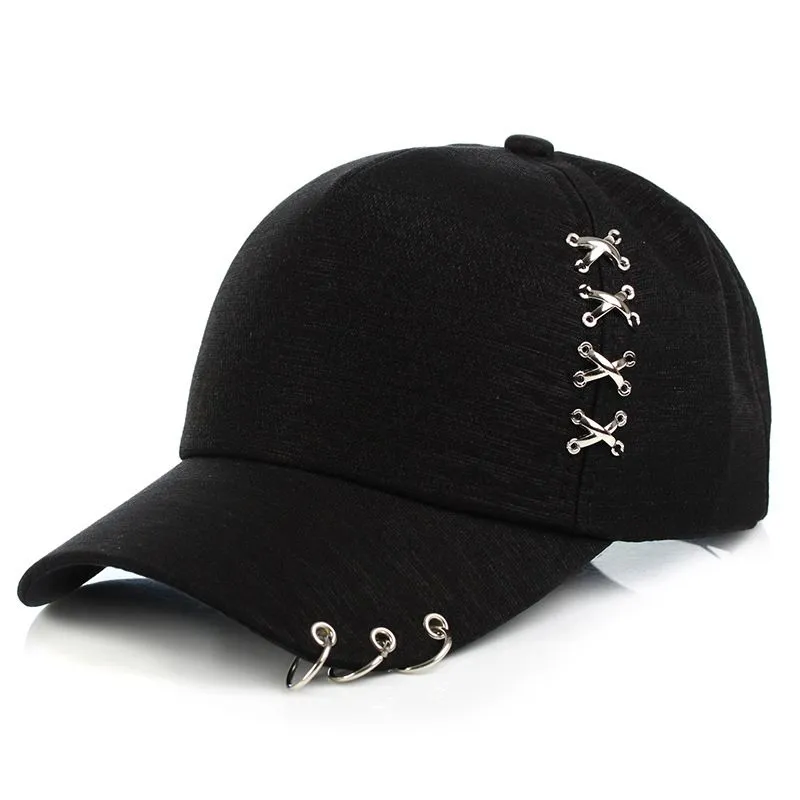 Baseball Cap With Piercing O-Rings Hip Hop Piercing Fashion Cap - Cotton - Black