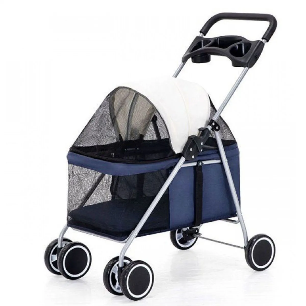 4-Wheels Foldable Pet Stroller Pet Pushchair with Detachable Carrier - Blue
