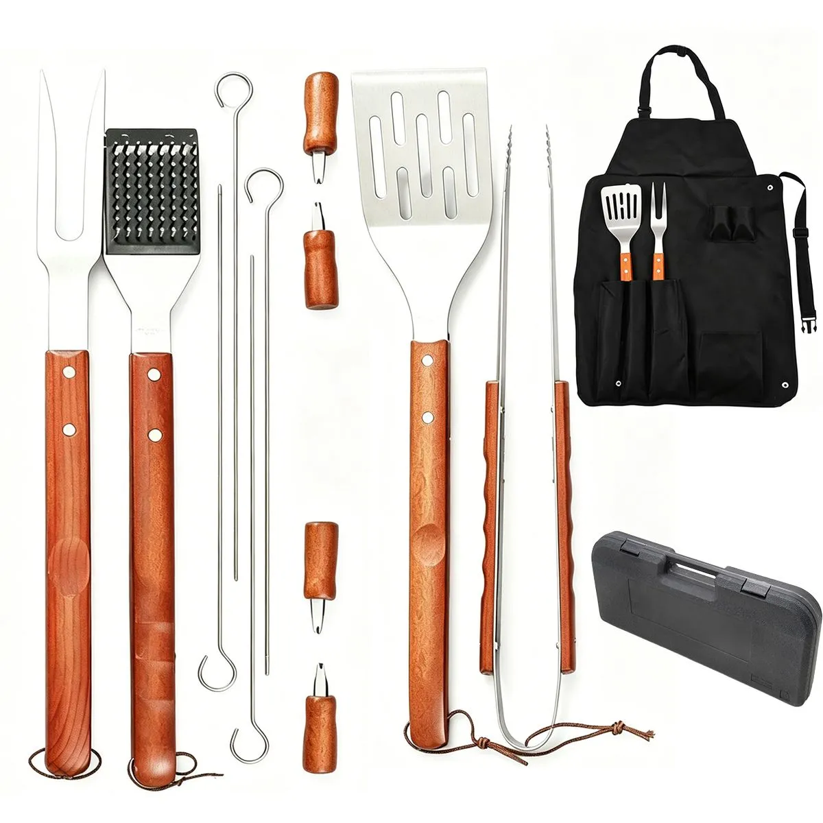 14 Pieces Braai Utensils Set with Apron Wooden BBQ Grill Accessories Tools