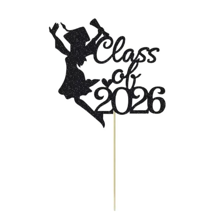 Class of 2026 Graduation Cake Topper - Black Glitter Female Silhouette