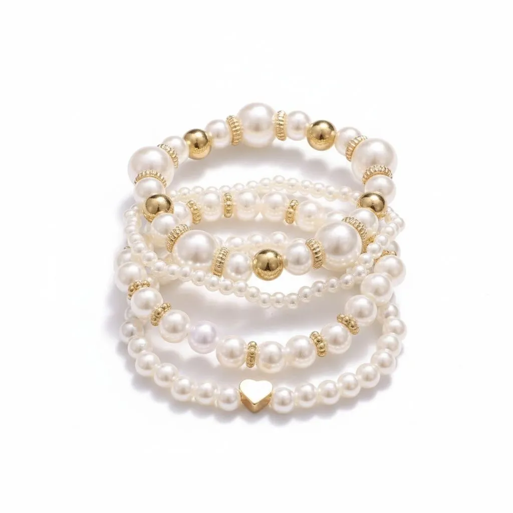 4 Piece Handmade Beaded Heart Pearl Bracelet Set for Women - Gold