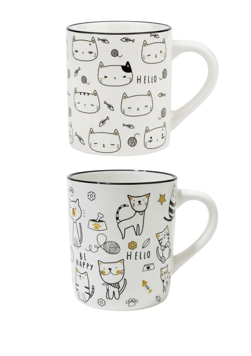 2 Pack White Cats Design Ceramic Coffee or Tea Cups Kitchenware