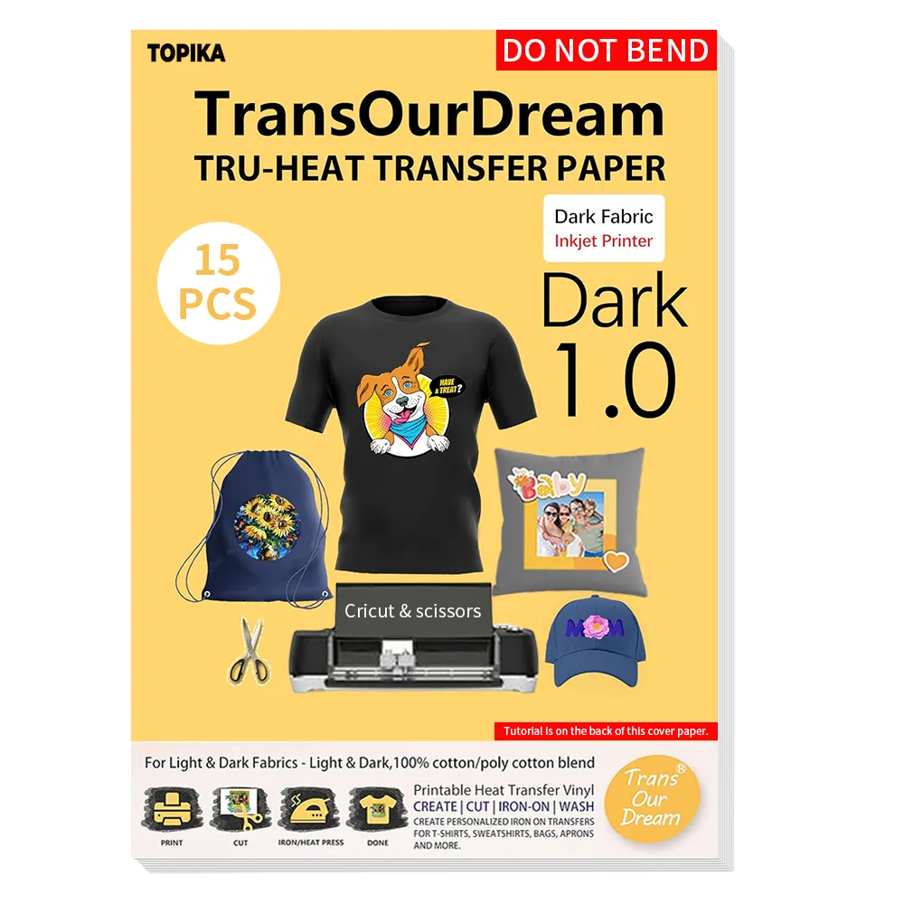 Topika - Printable Iron On Transfer Paper for T Shirts, 15pcs Light Fabric - Dark series