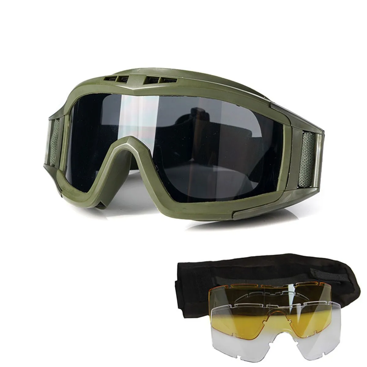 Tactical Goggles - Anti-Fog 3-Lens Set for Sun, Dust, and Wind Protection - Green