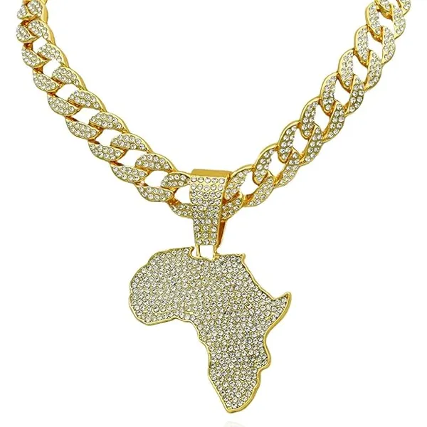 Cuban Chain Link with Sparkling Africa Map Charm - Gold