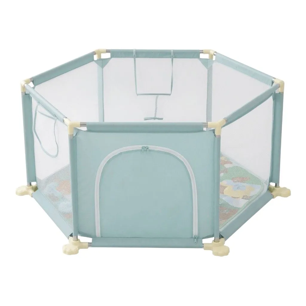 Hexagon Baby Playpen With Basketball Hoop - Green