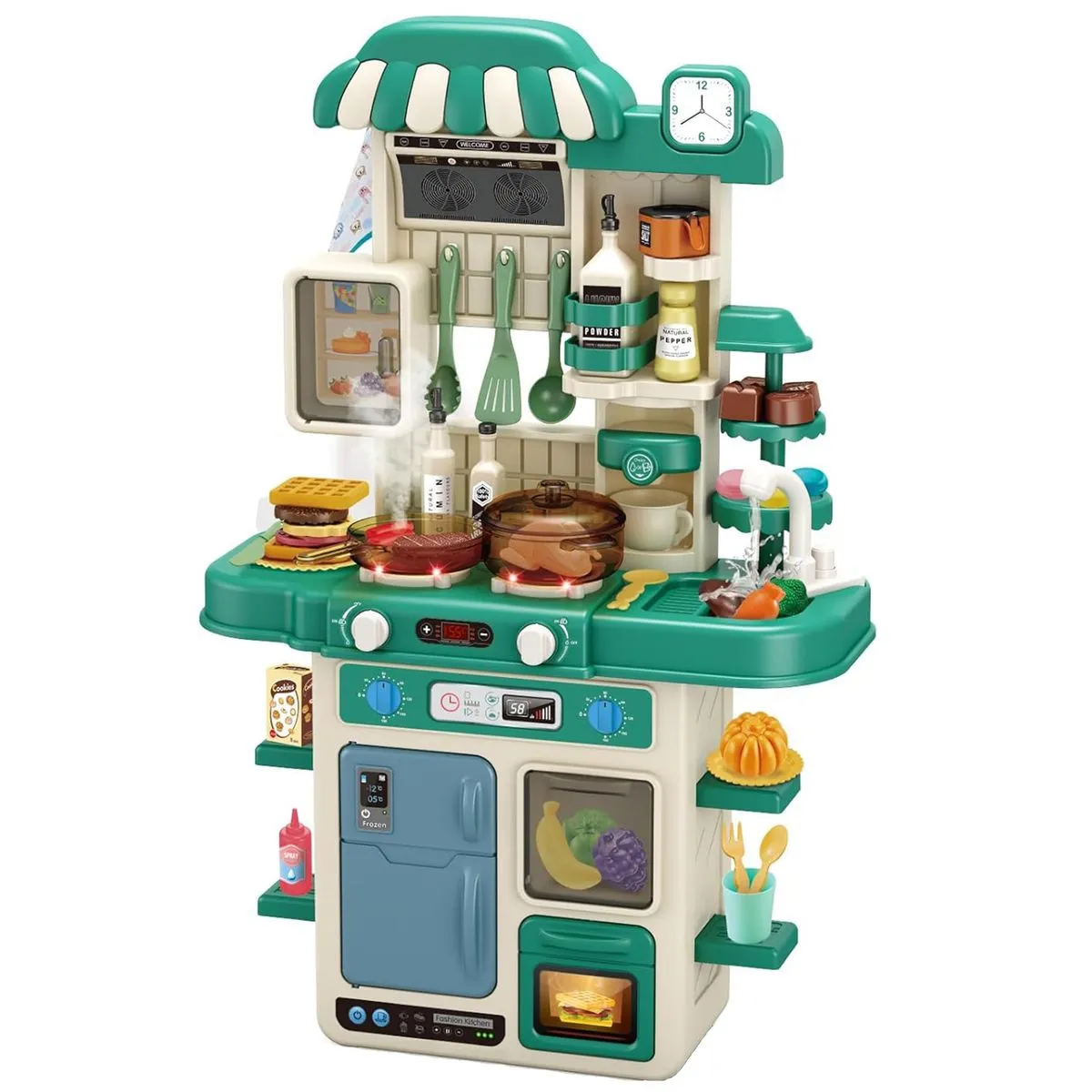 48-piece Kitchen Play Set Pretend Kitchen Play Food Toys with Sound & Light - Green
