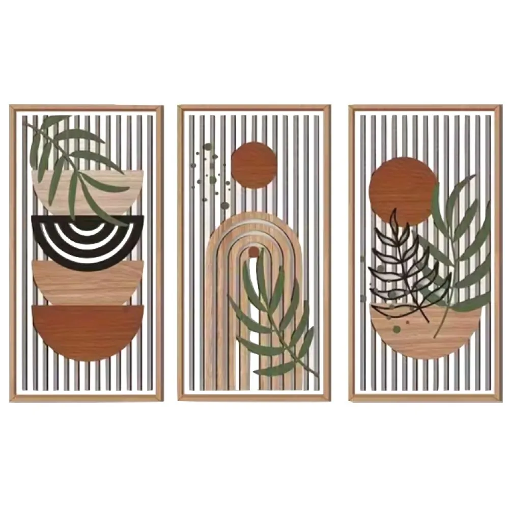 Decor 2D Flat Large Natural Wood & Leaf Design Wall Art 3pcs - 40cm