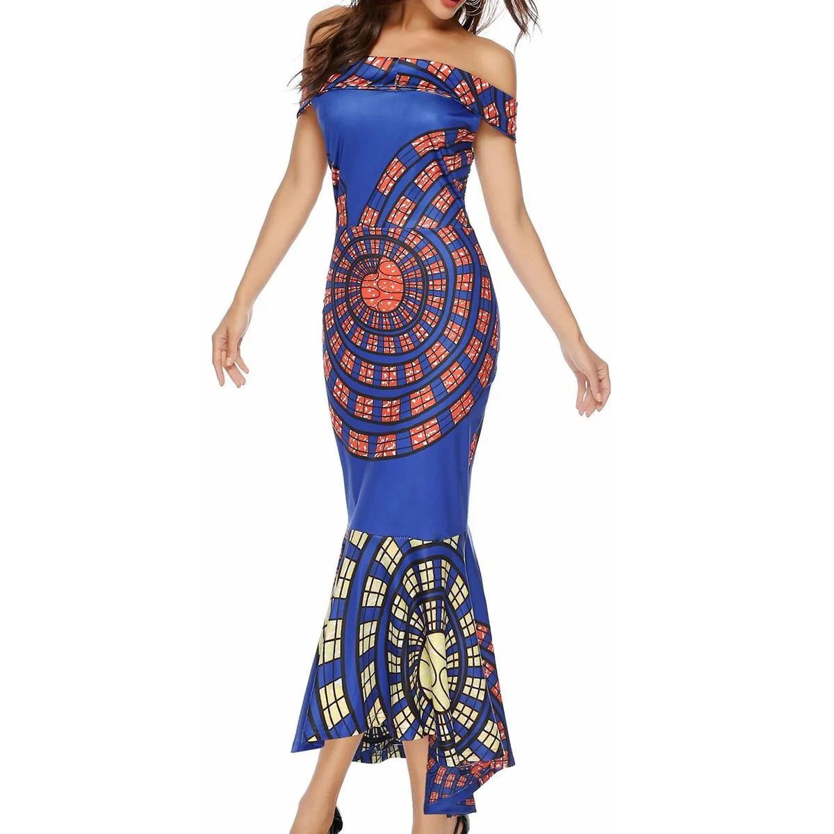 Sleeveless Maxi Formal Dress Dress Sexy one-Word Shoulder Print Hip Dress