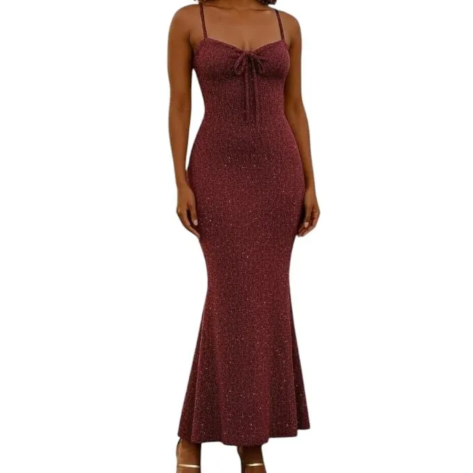Elegant Sparkly Spaghetti Strap Dress Burgundy