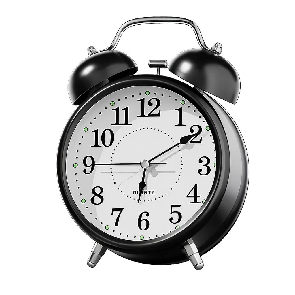 Metal Battery Powered Analogue Retro Double Bell Alarm Clock - Black