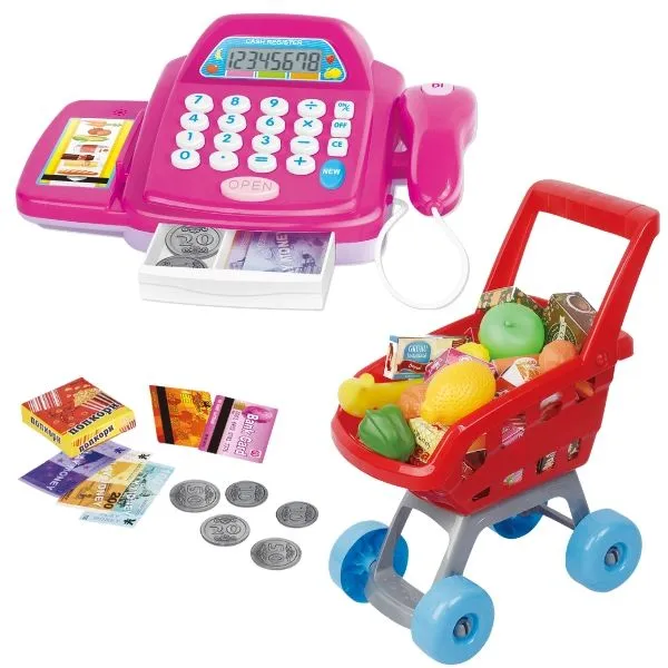 Cash Register & Shopping Cart Toy Set - Educational Toys for Toddlers - Dark Pink