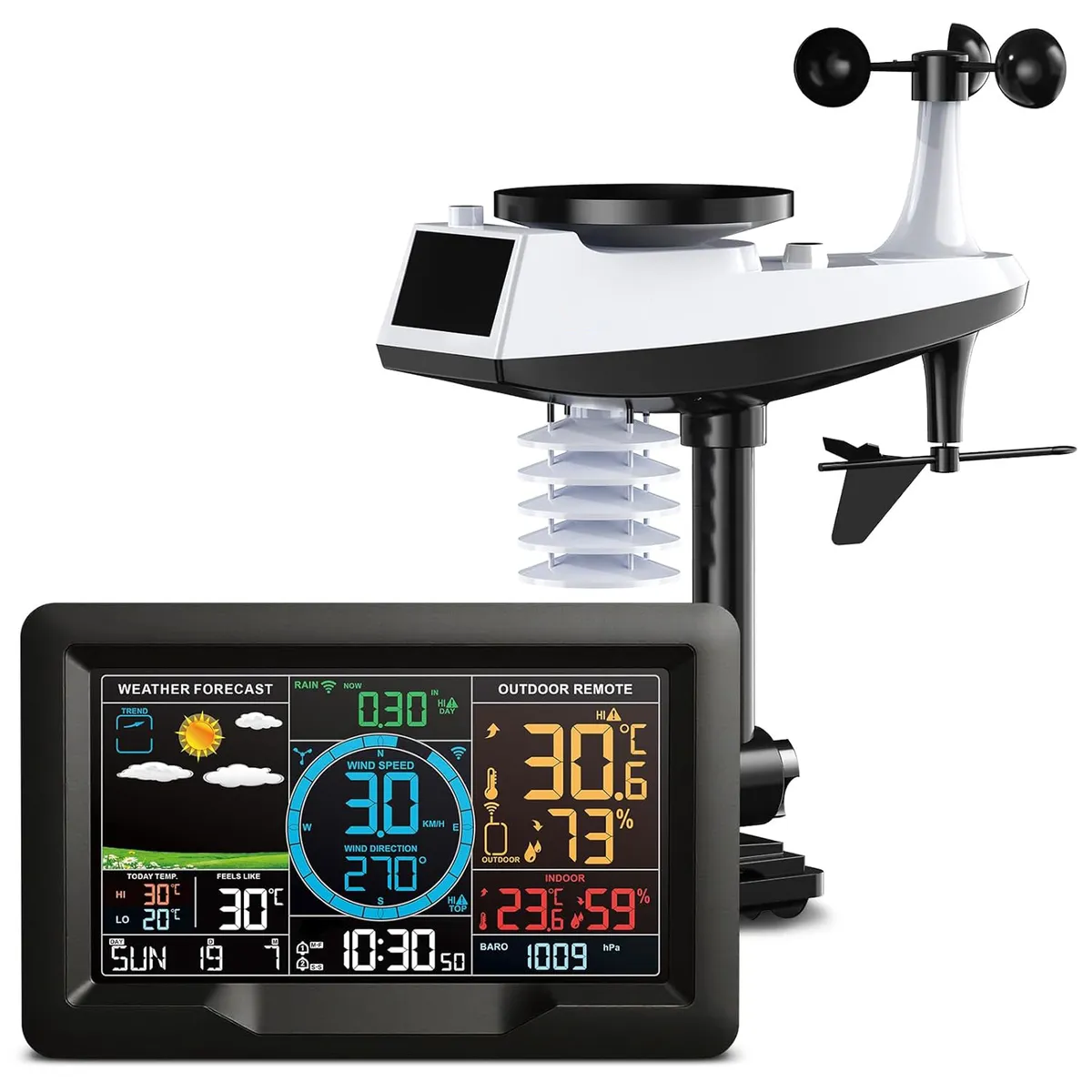 10in1Weather Station with Outdoor Sensor, Forecast, Wind Speed & Rain Gauge