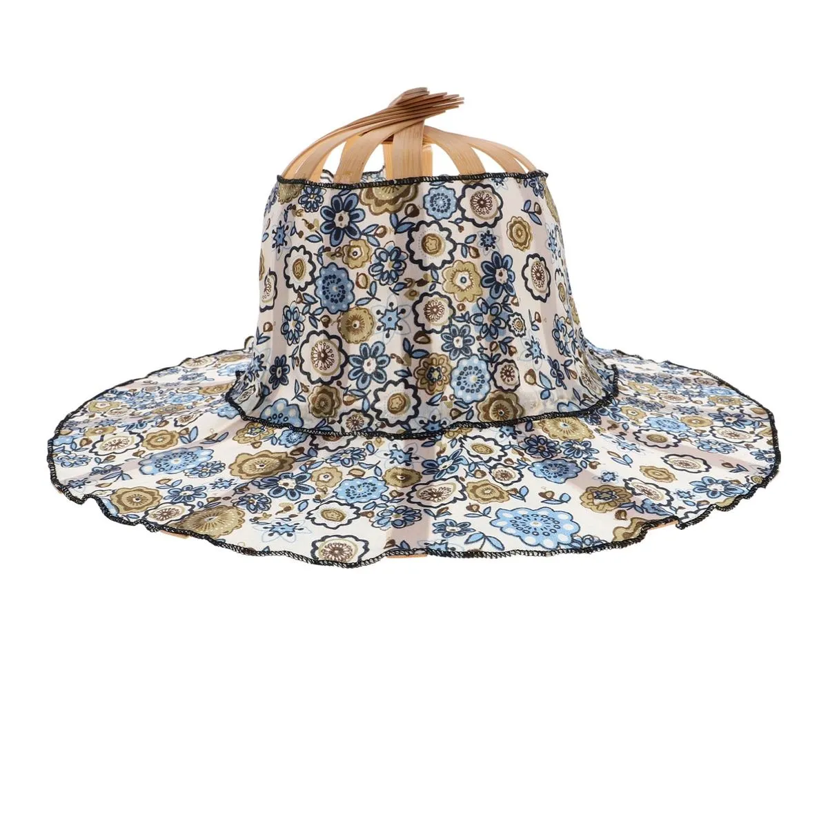 2 in 1 Portable Bamboo Sun Shade Hat Foldable Hand Fan Hat Sun-protectin - Blue
