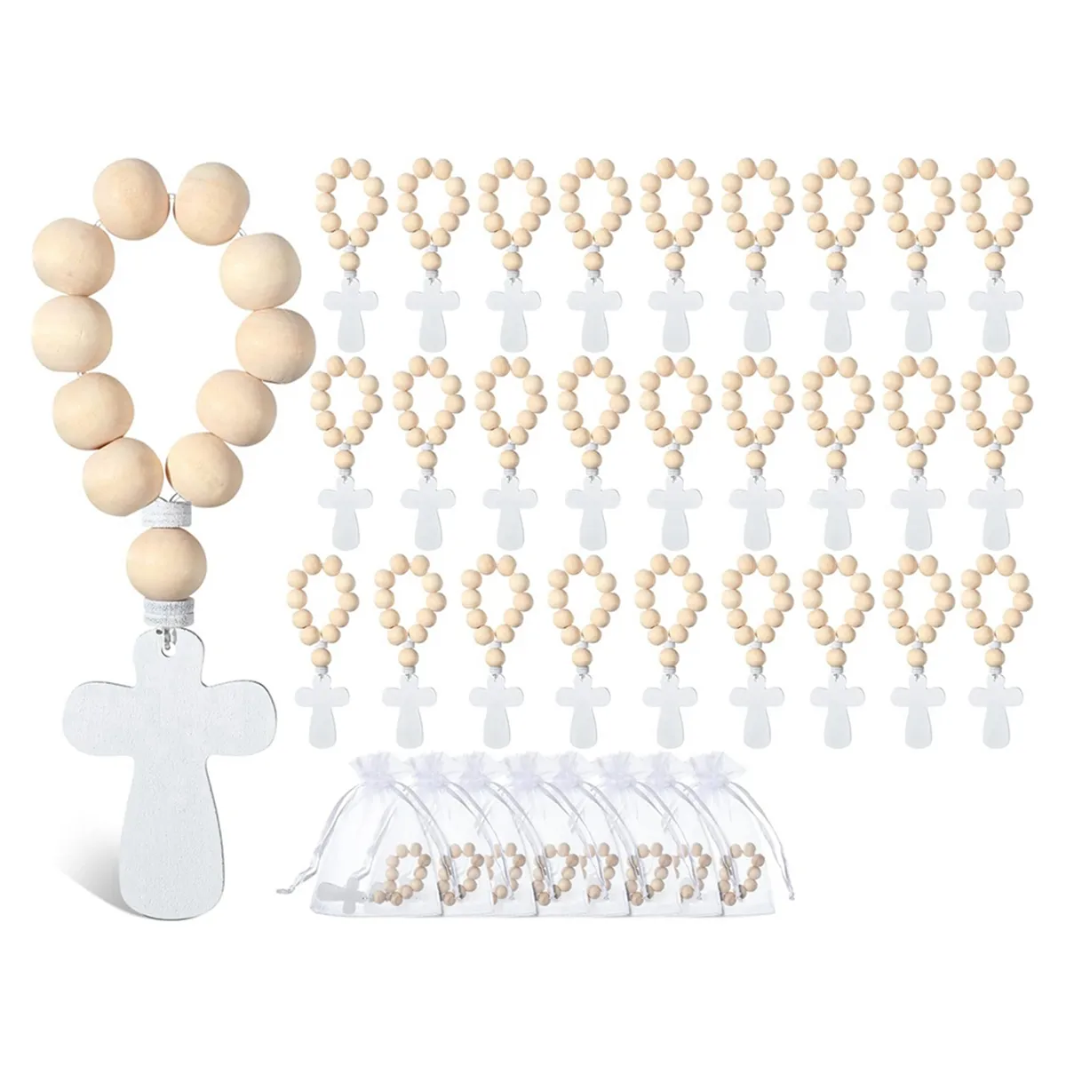 36Pcs Wooden Rosary Rosary Beads with White Mesh Bags