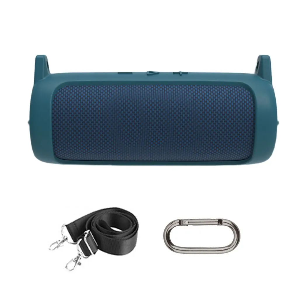 Silicone Protective Cover For Flip 7 Speaker Case Shoulder Strap Carabiner - Blue