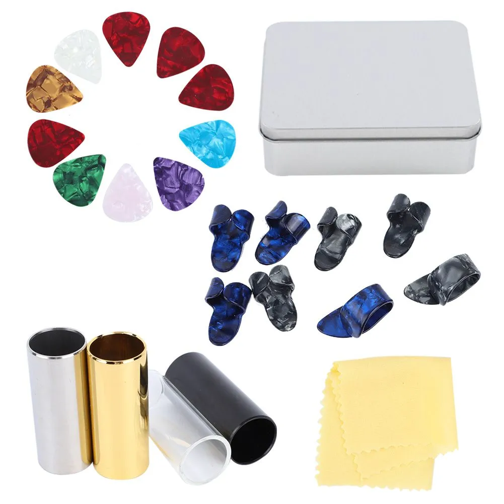 Guitar Accessories Kit 10 Celluloid Picks Slider 8 Finger Cots for Guitar