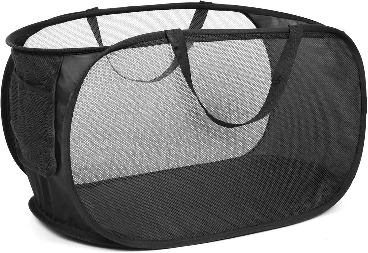 Collapsible Laundry Baskets, Mesh Pop Up Laundry Hamper with Side Pocket - Black