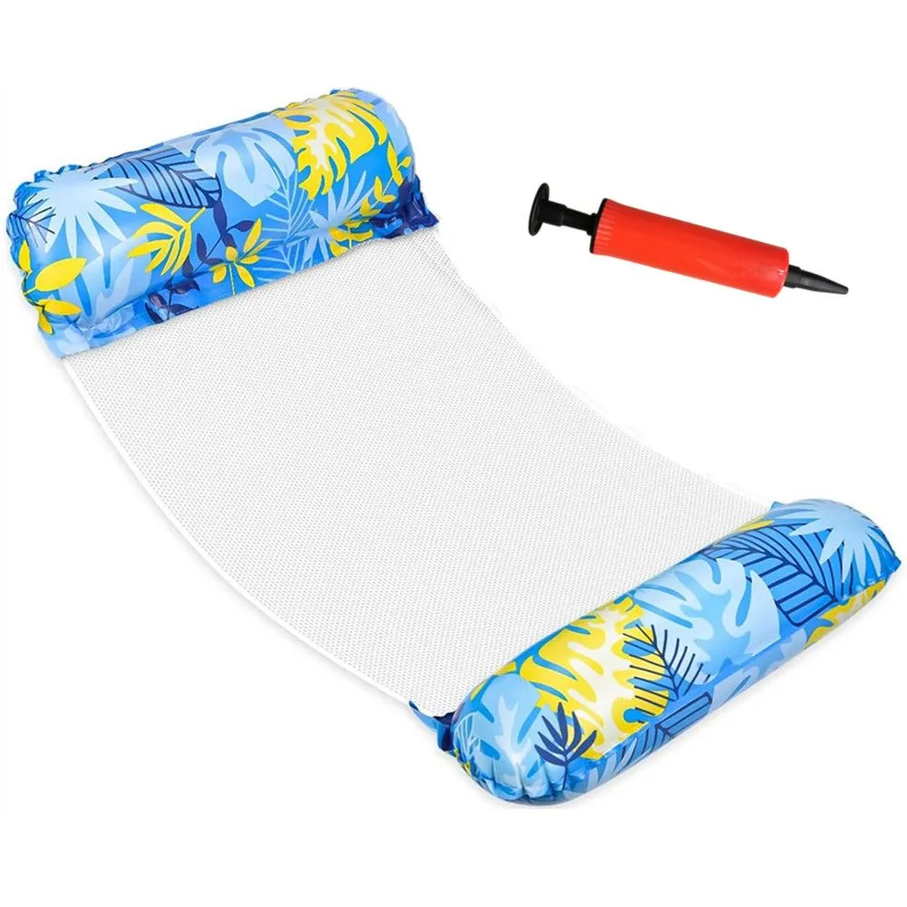 Pool Hammock Inflatable Floating Swimming + Pump For Pumping The Hammock - Blue Leaves