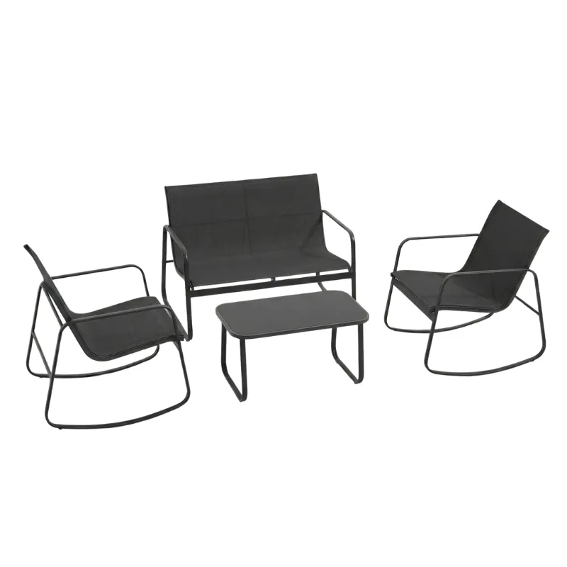 4-Piece Outdoor Patio Furniture Set - Textilene Bistro Chairs, Glass Table - Black
