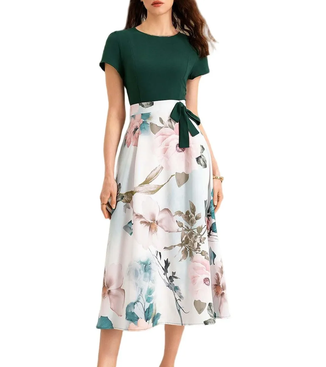 Women's New style Plant And Flower Patterned Patchwork Slim-Fitting Dress