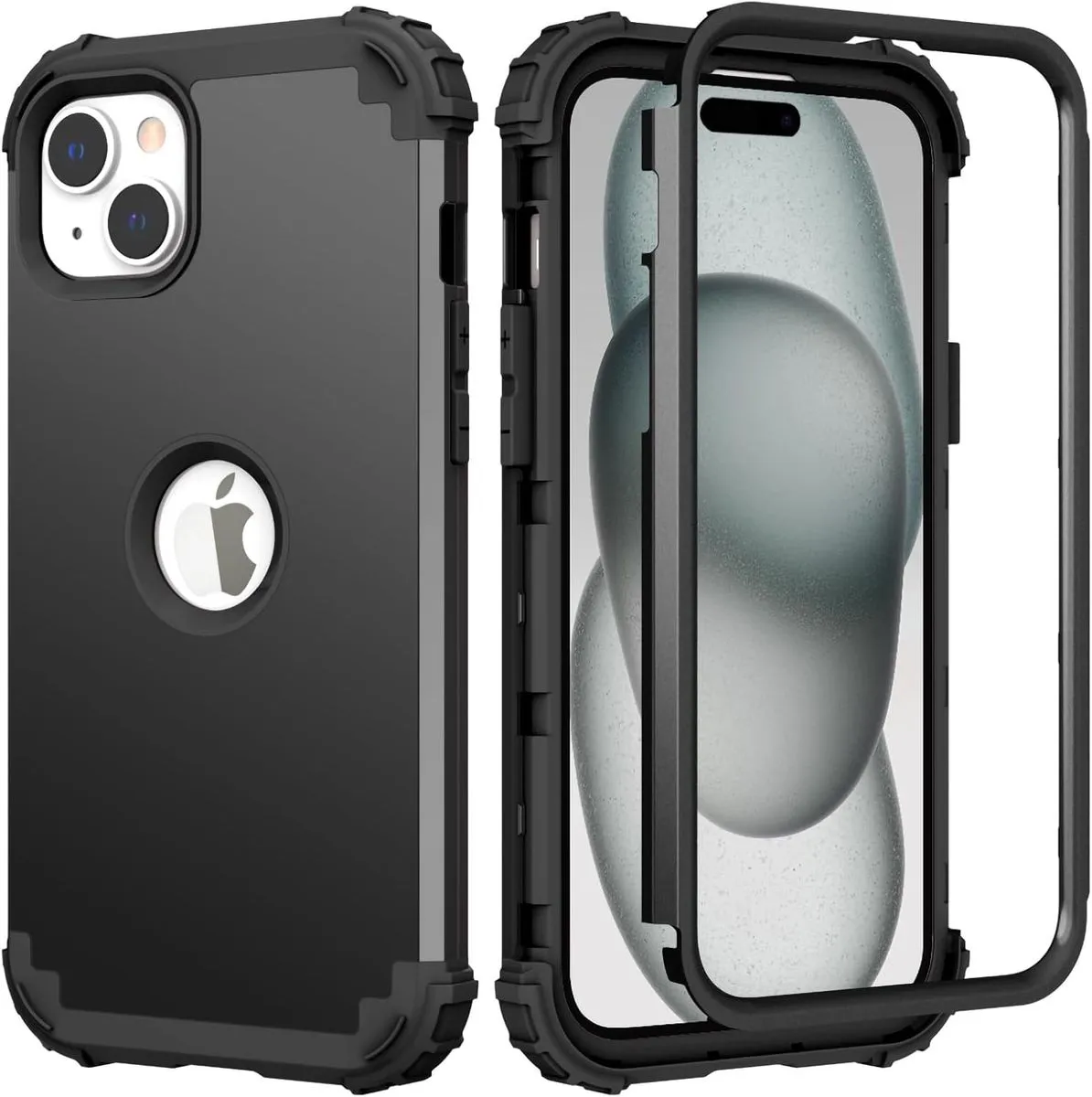 Heavy Duty Hybrid Armor Phone Case Compatible With iPhone 15 - Black