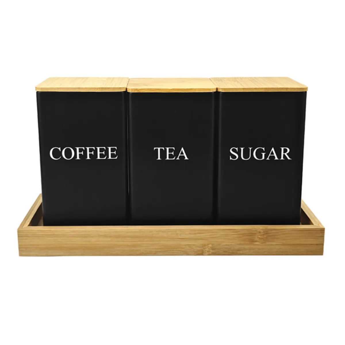 Bestby -3-Pcs Canister Set ,Tea, Coffee, Sugar Jars with Bamboo Lid & Tray - Black