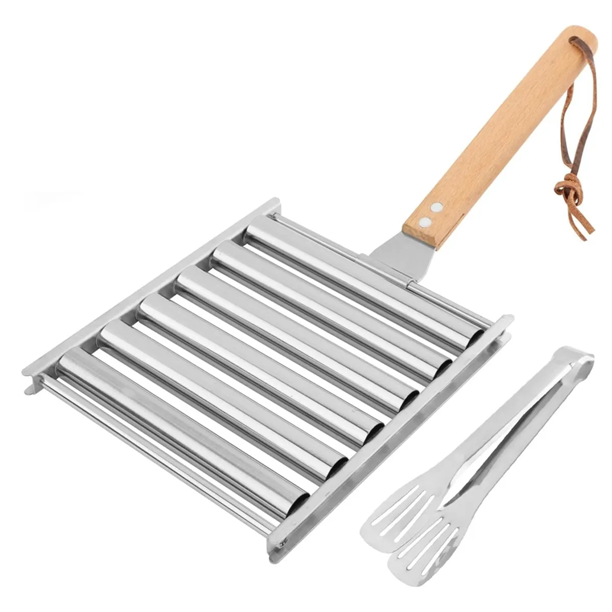 Hot Dog Roller for Grill with Metal Spatula and Long Wooden Handle