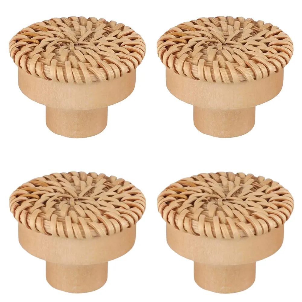 DIY Wooden Handmade Woven Rattan Furniture Knobs Set of 4 -40mm - Brown
