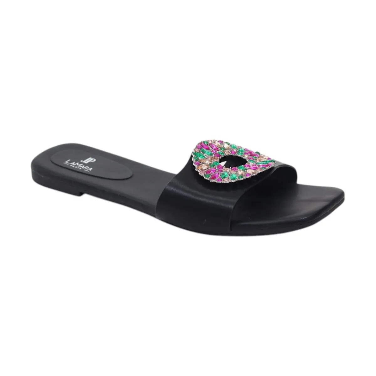 LaMara Paris Joan Glam Rhinestone Embellished Flat Slip-On Sandals Black