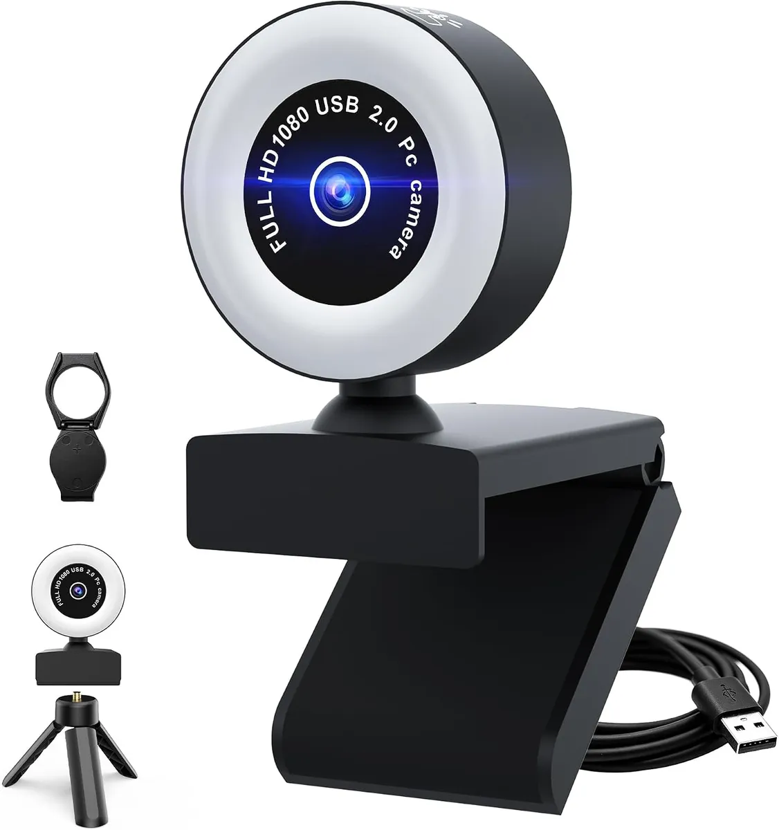 Sumvov 1080P HD USB Webcam with Ring Light Mic Auto Focus for PC