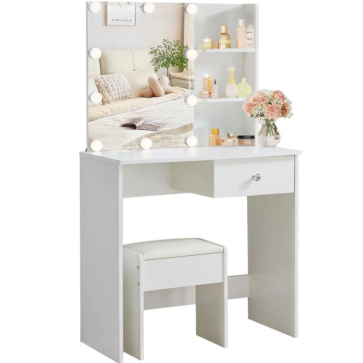 Dressing Table with Mirror Stool LED Bulbs Vanity Table Makeup Desk Chair