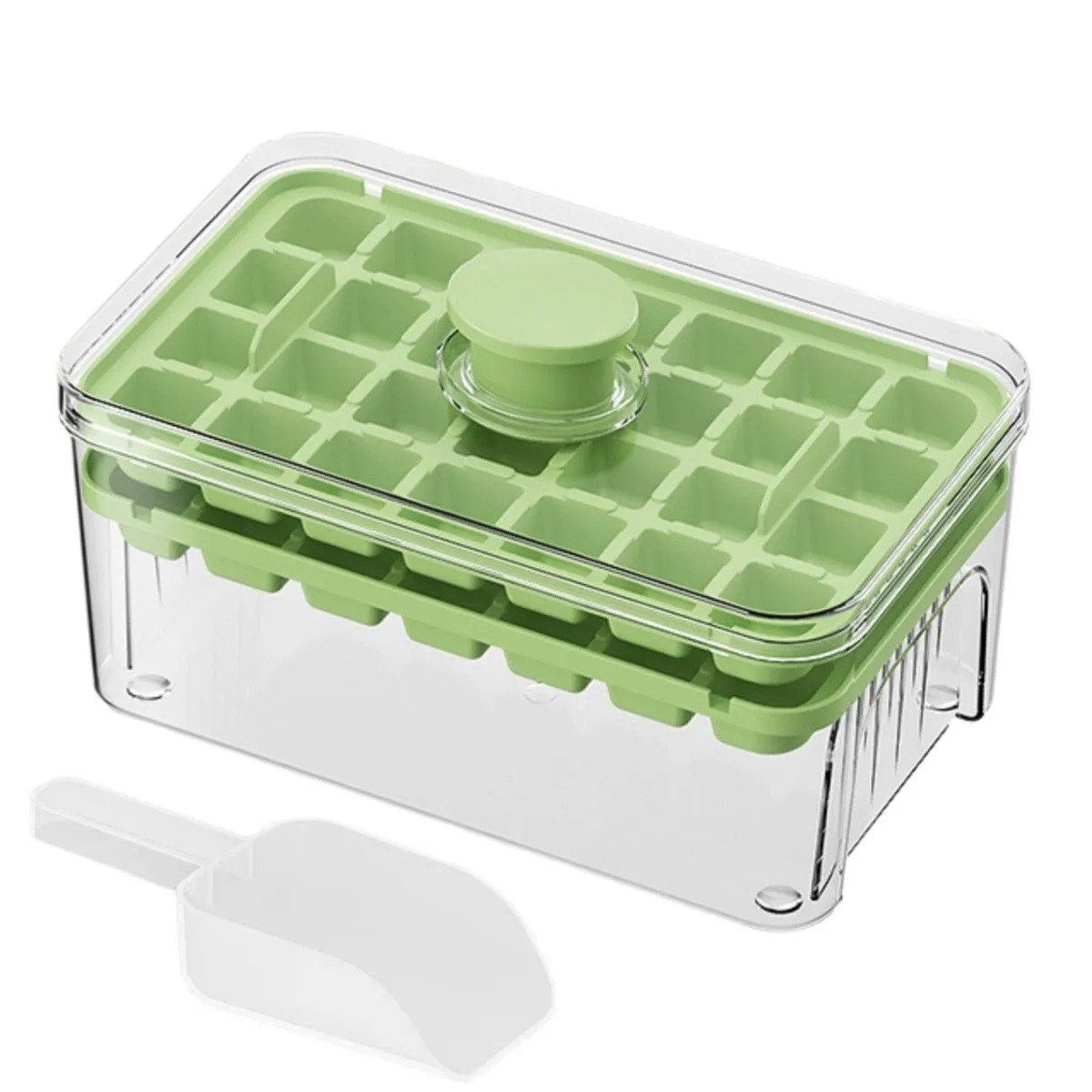 Press Type Ice Cube Tray with Bin, One Button Release Ice Cube Tray - Green