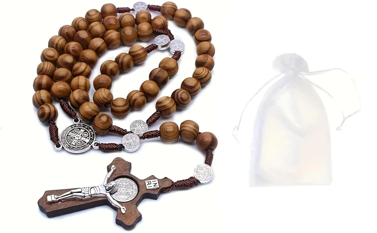 Rosary Wooden Cross Necklace With Beads And Religious Symbols With Gift Bag