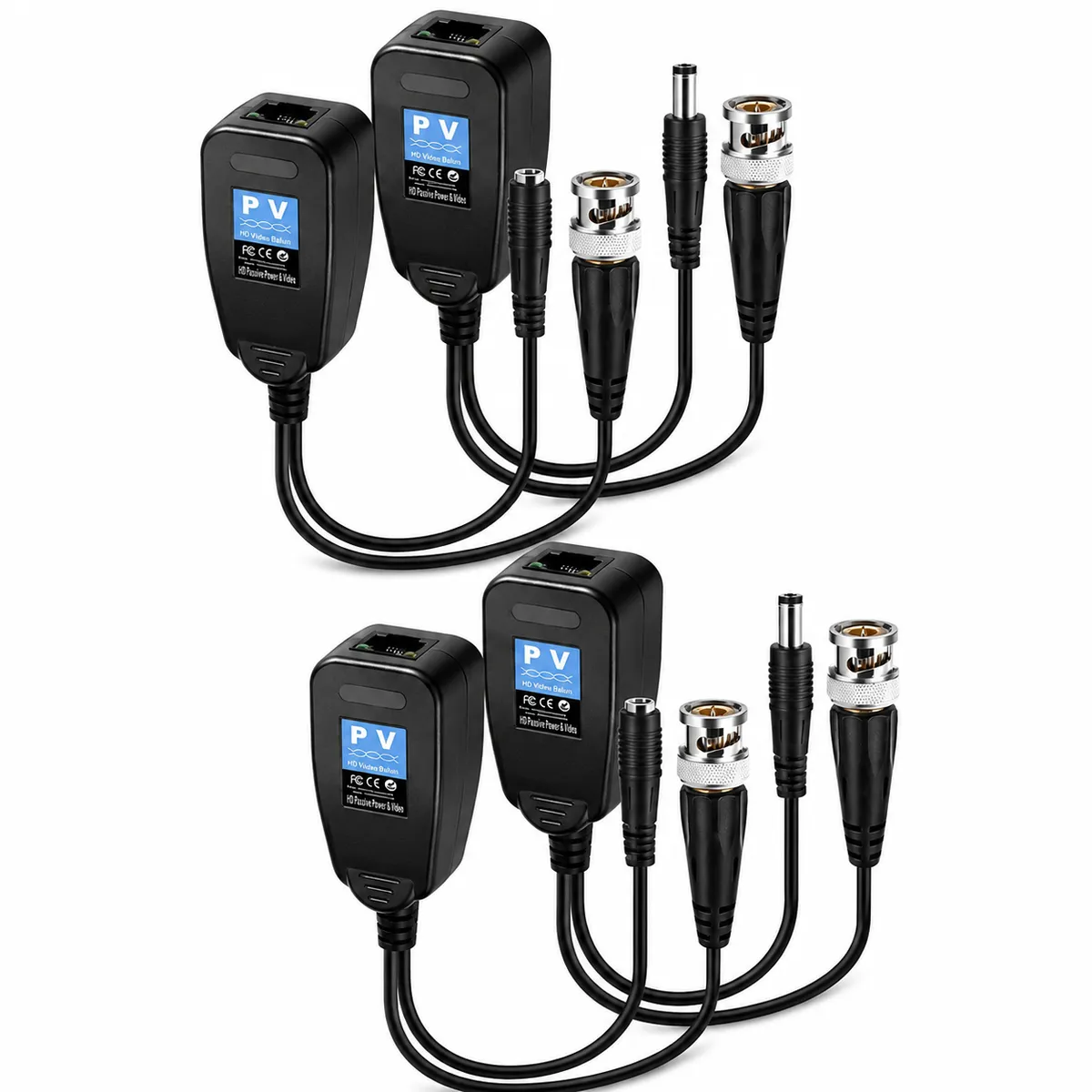 8MP Balun Transceiver with Male BNC & Female DC Connectors for CCTV 2 Pair