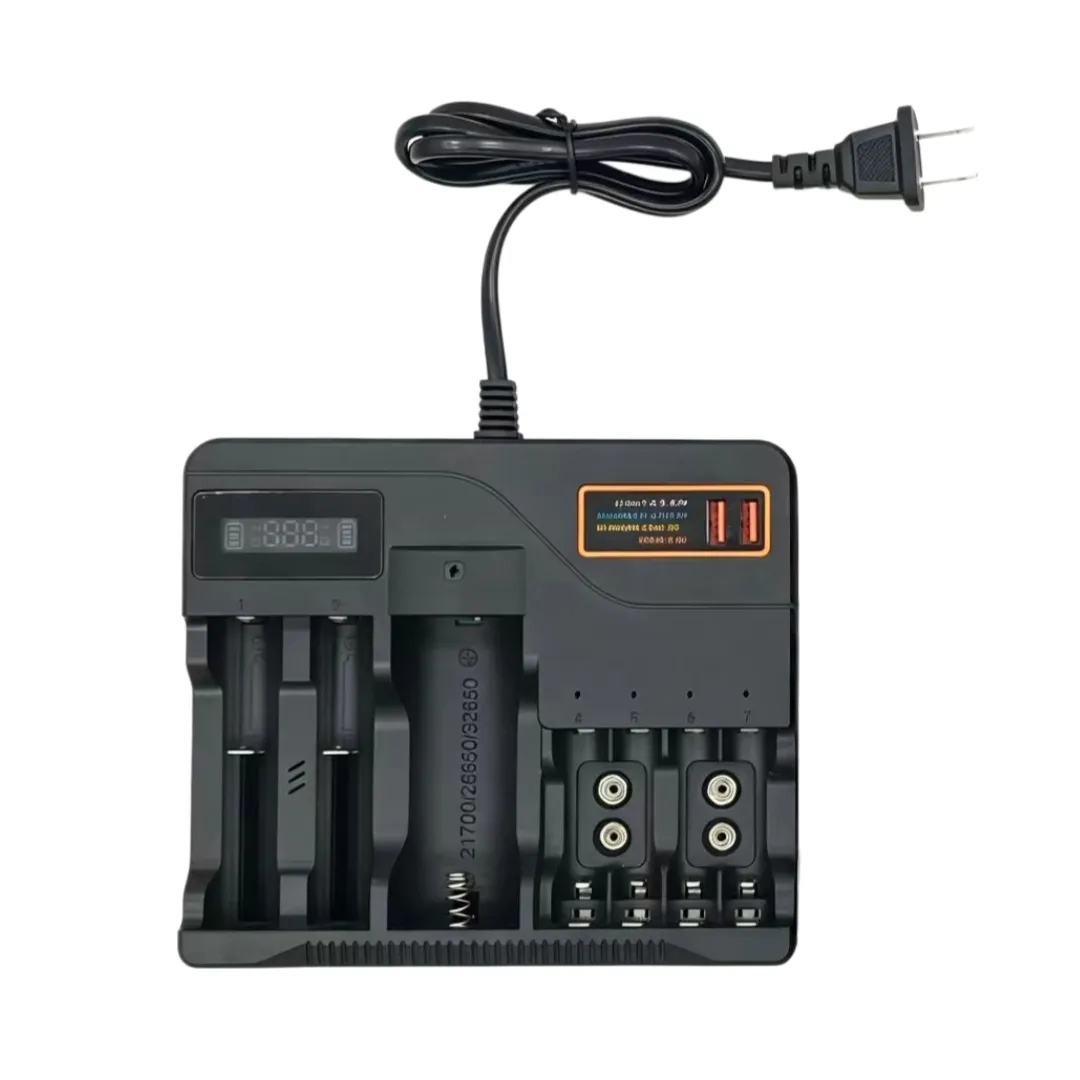 Smart Battery Charger, 8 Slots, Multi-Chemistry, LCD Display, 2 USB Ports