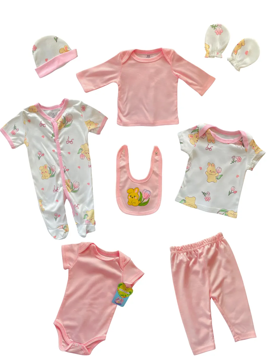 Newborn Essentials Baby Clothes Starter Set - 8 Piece - Pink-Bunny Flowers