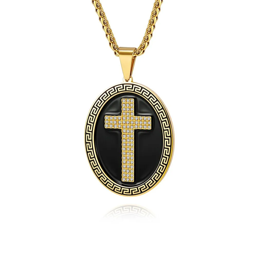 Vintage Trend Round Brand Cross Necklace Men's Hip Hop Literary Back Niche - Gold