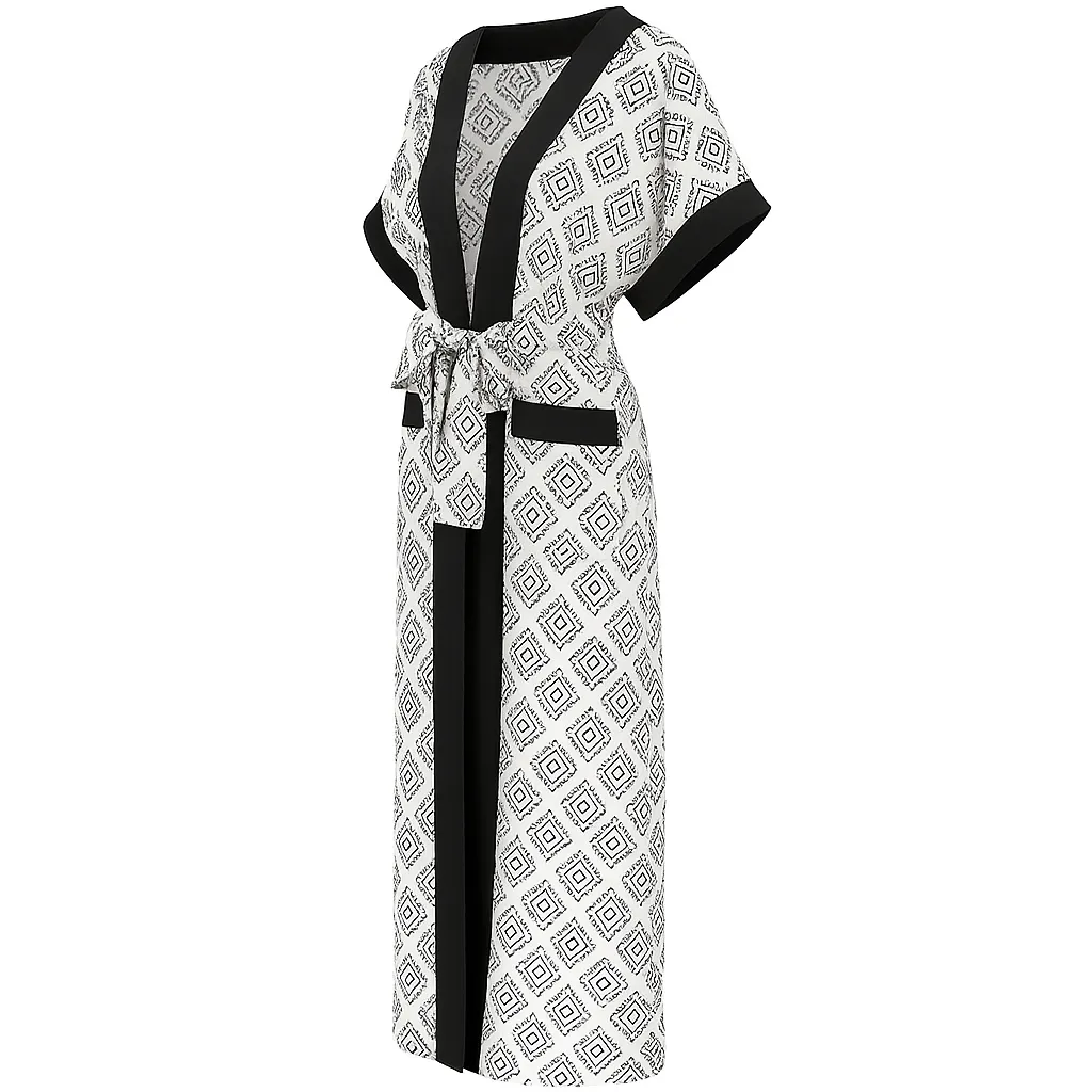 Women's Kimono Robe Long Sleeve Belted African Print Dress - Black and white