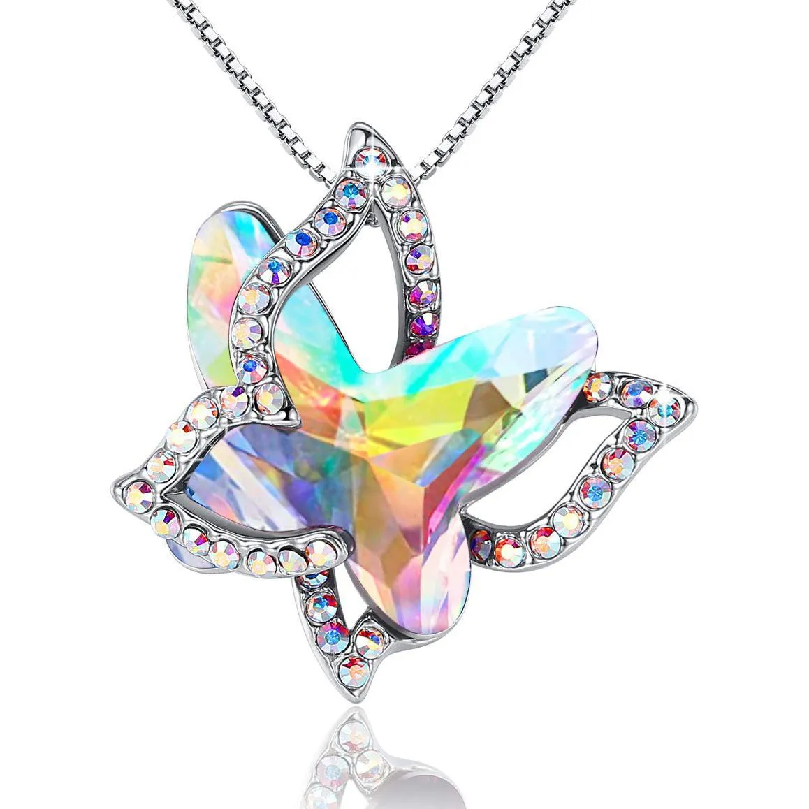 Butterfly Birthstone Crystal Necklace - Silver April Birthstone - Rainbow Opal White Crystal