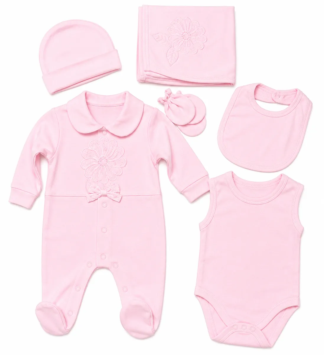 Luxury 6 Piece Newborn Baby Gift Set with Blanket, Bib, Hat & Mittens - Pink