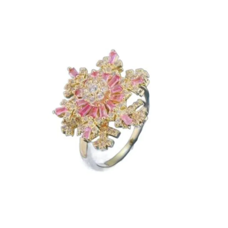 Rotating Double Layer Zirconia Snowflake Ring - Open Adjustable Jewelry - Gold, Pink