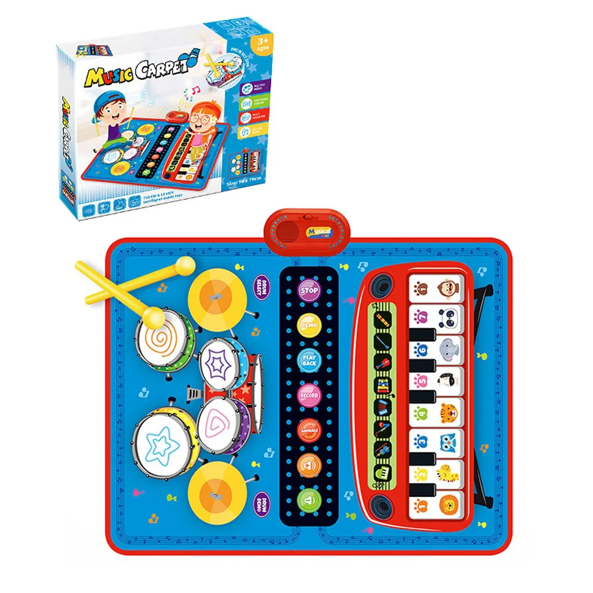 3-in-1Toddlers Musical Mat-Piano Keyboard & Drum Set - Blue