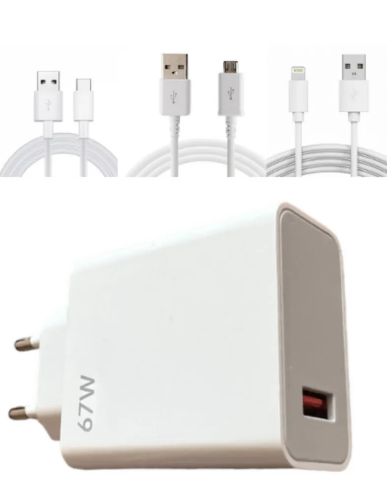 67 W Fast Charger with Charging Cables Lightning Type C & Micro