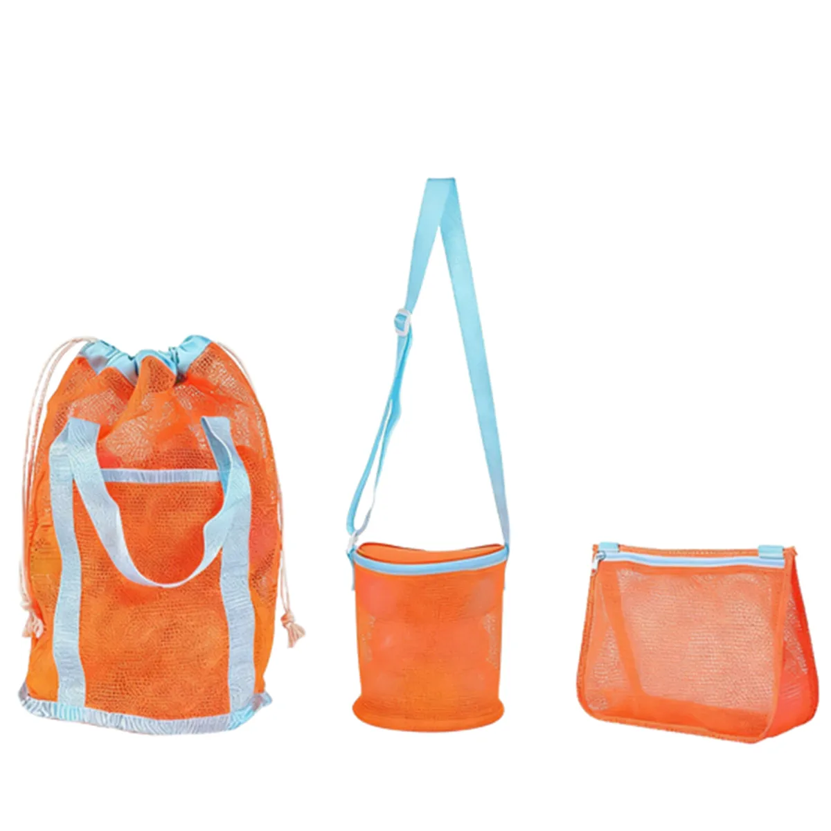 3 Piece Beach Bag Set Mesh Toy Organizer Shell Collecting Totes with Zipper - Blue, Orange