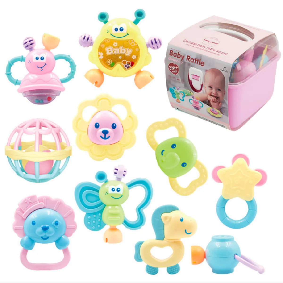 Baby Teething Grab Spin Rattle Shakers Soothing Teethers - 10 Pcs - Pink